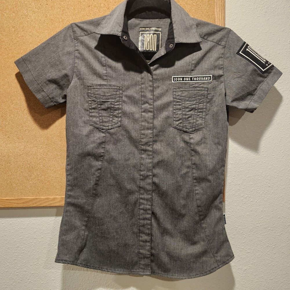 Icon One Thousand Womens Short Sleeve Gray Motorcycle Snap Shirt Size S‎